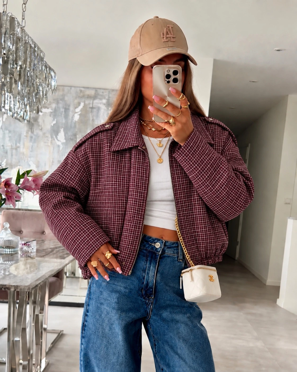 Veste bomber imprimée carreau à col chemise et fermeture zippée