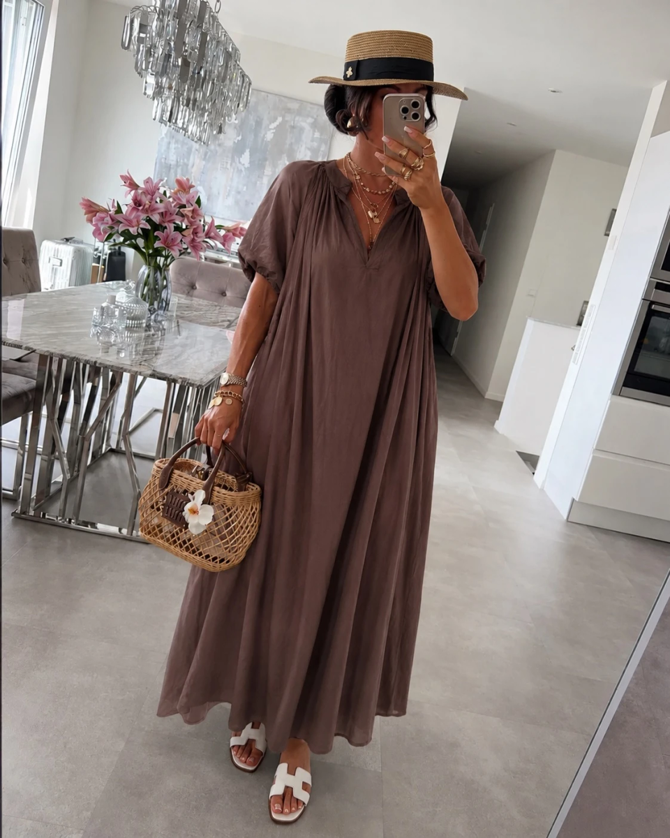 Boho-Langes Baumwollkleid mit Puffärmeln