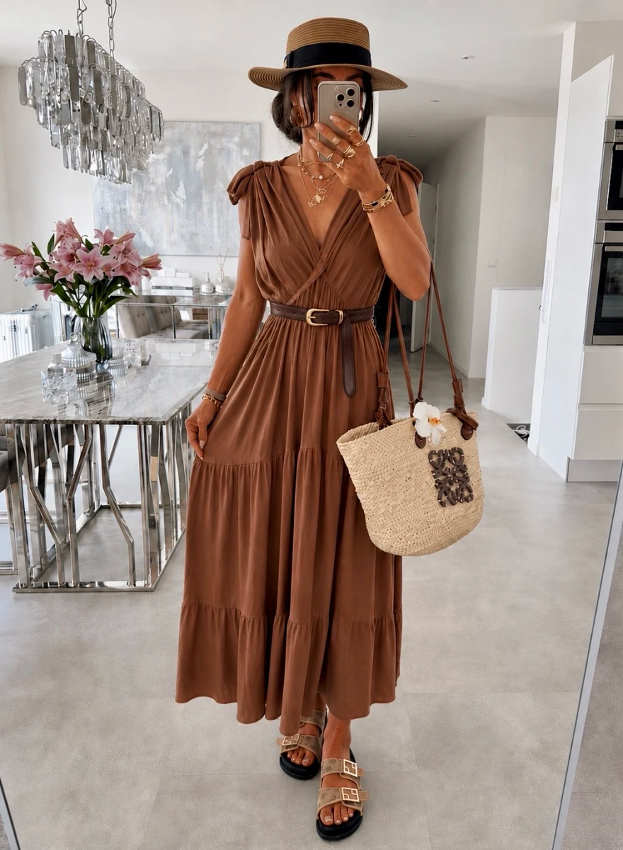 Fließendes Langes Wickelkleid mit Gürtel – Boho-Chic-Stil