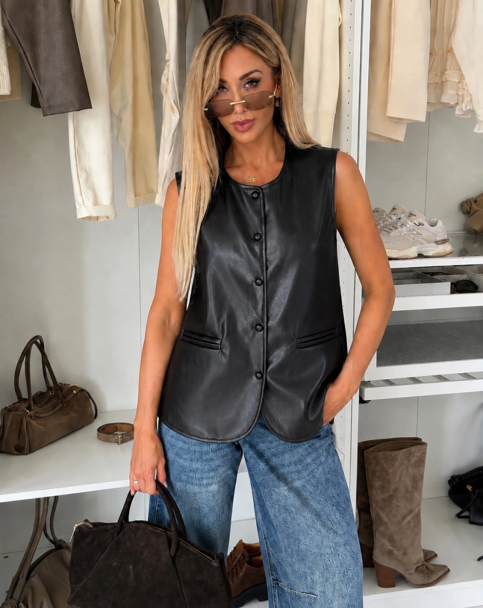 Gilet Sans Manches en Simili Cuir – Coupe Droite à Boutons & Poches