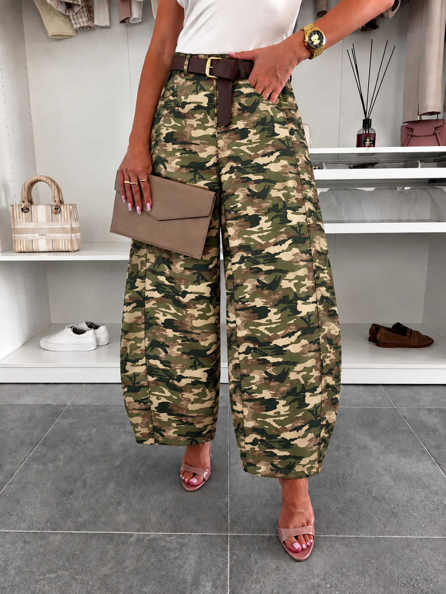 Pantalon camouflage coupe ballon avec ceinture et poches taille élastique