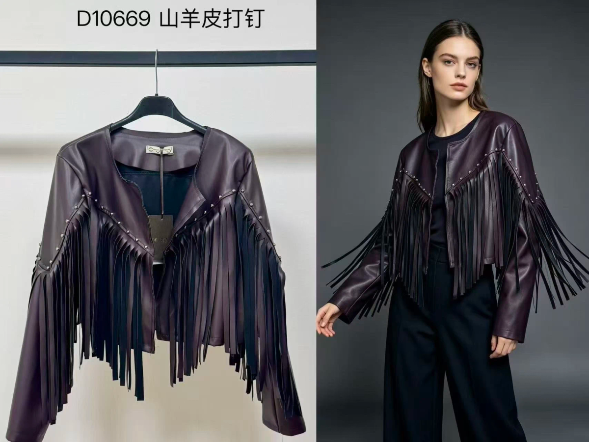 Short faux leather jacket with fringes and studded details 2