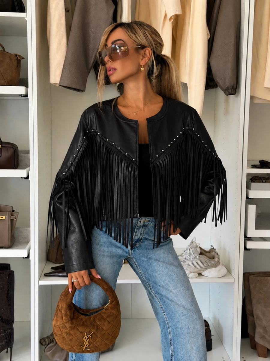 Veste courte en similicuir à franges détails cloutés