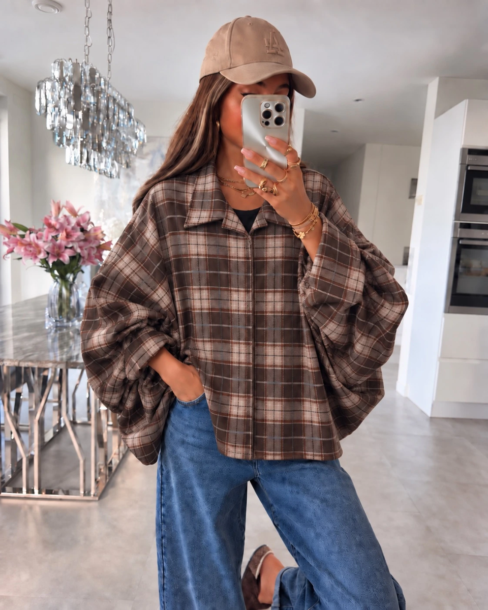 Veste-chemise oversize à carreaux et manches chauve-souris