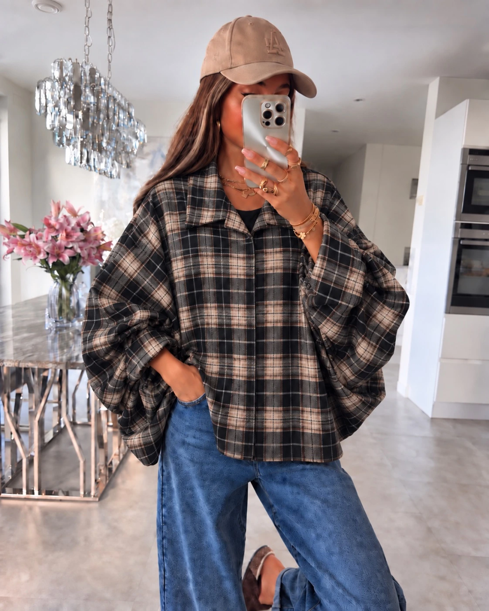 Veste-chemise oversize à carreaux et manches chauve-souris