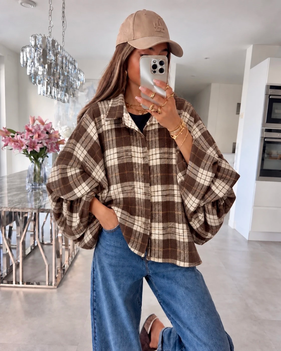 Chemise oversize à carreaux, manches chauve-souris froncées