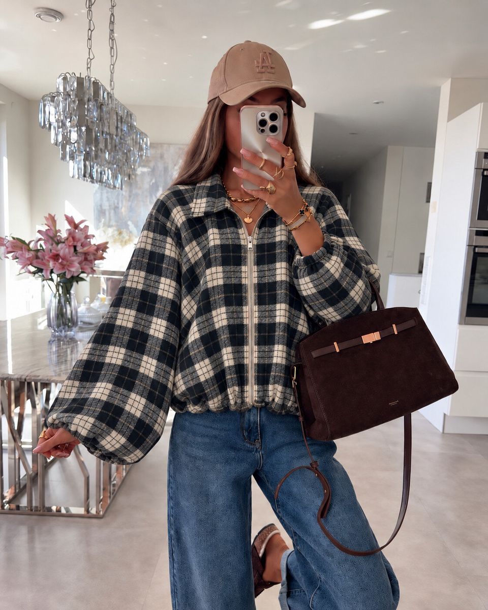 Veste bomber à carreaux anglais en tissu extensible – manches ballon et fermeture zippée