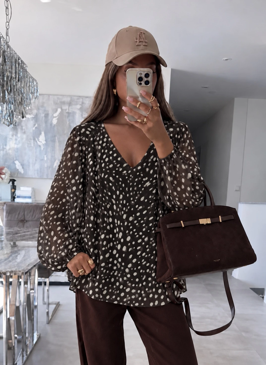 V-neck blouse – patchwork stripes and polka dots print 3