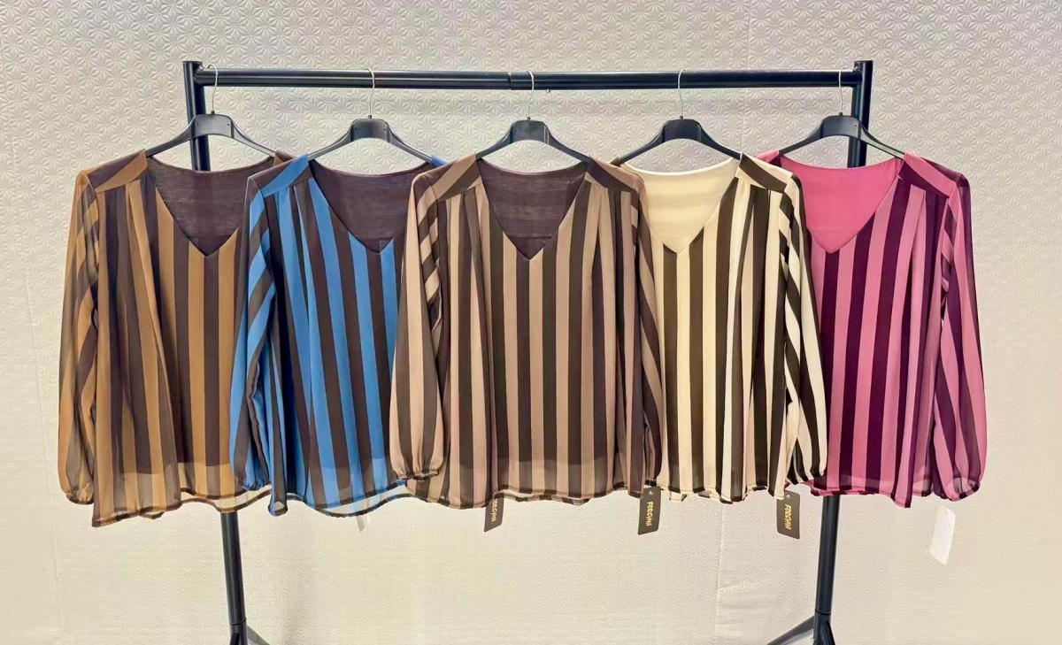 V-neck blouse – patchwork stripes and polka dots print 2