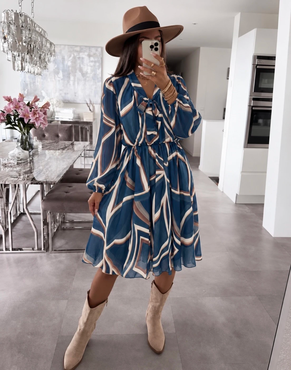 Robe col lavallière imprimé taille élastique