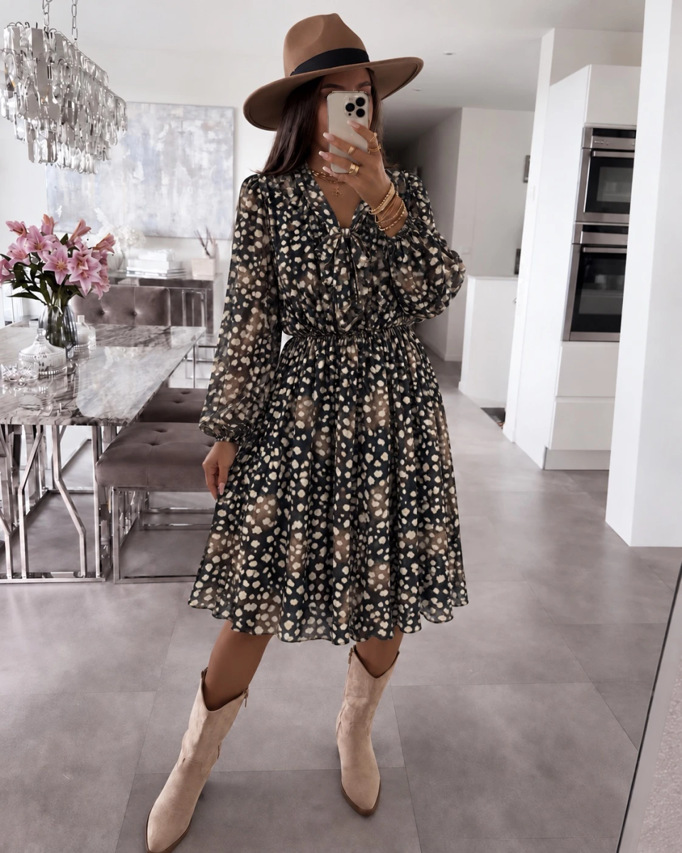Robe col lavallière imprimé biche Bambi taille élastique