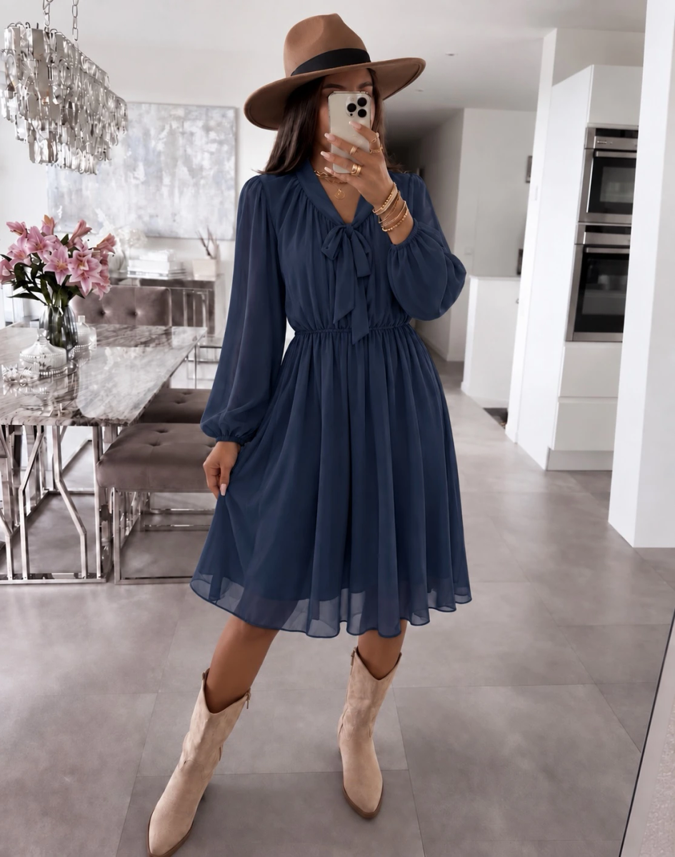 Robe col lavallière taille élastique avec doublure viscose