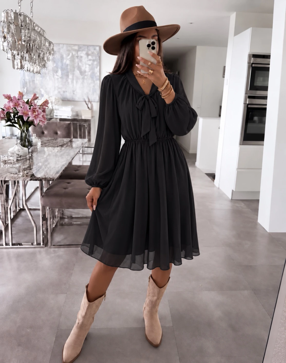 Robe col lavallière taille élastique avec doublure viscose
