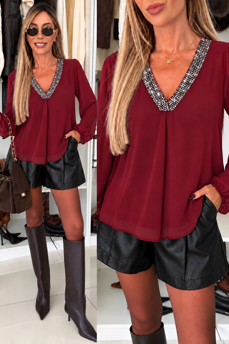 Blouse Col V en sequins doublure viscose