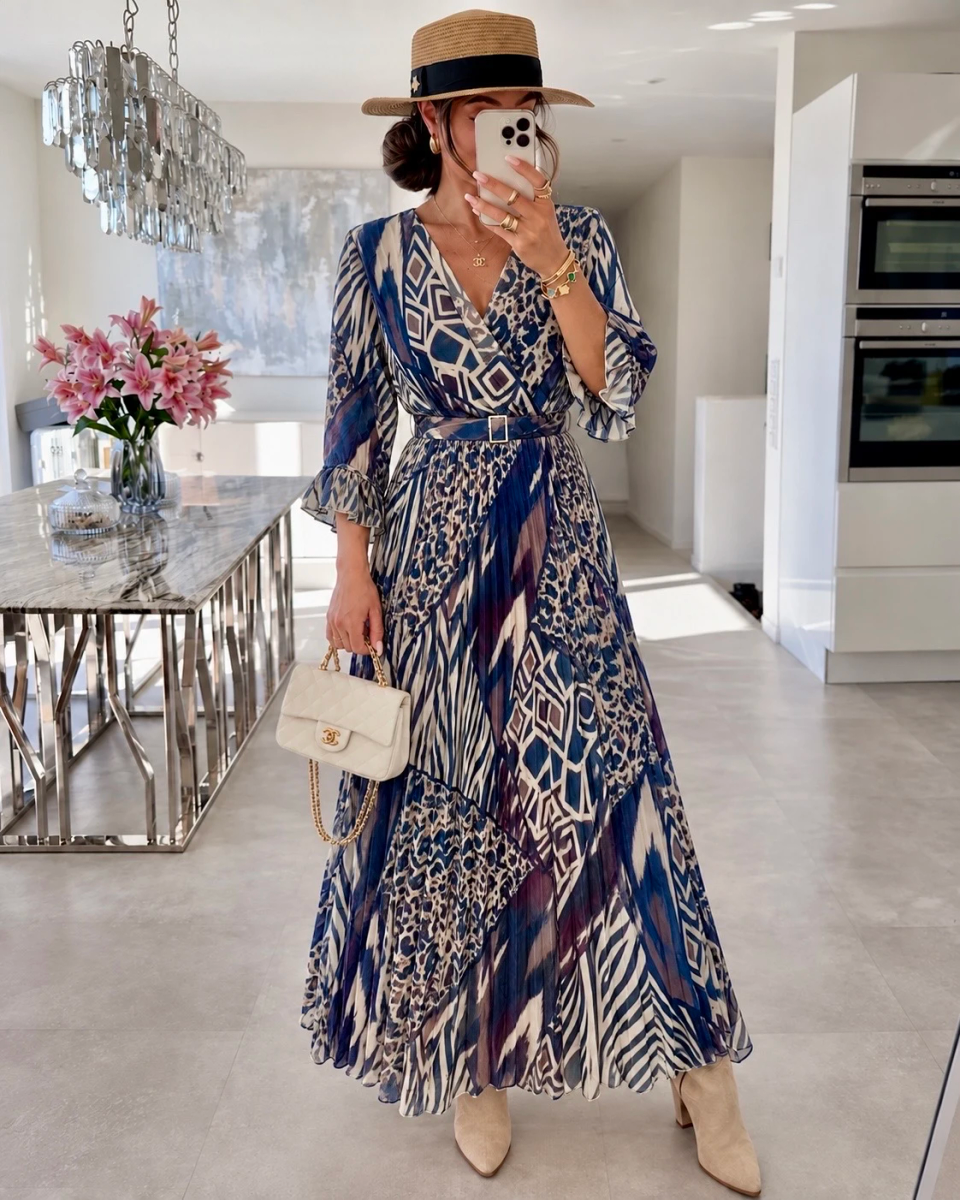 Robe longue plissée imprimée avec ceinture