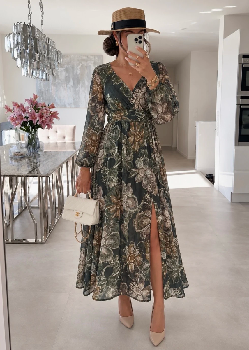 Robe longue imprimée à col cache-cœur et fente