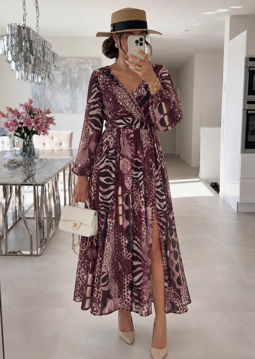 Robe longue imprimée à col cache-cœur et fente