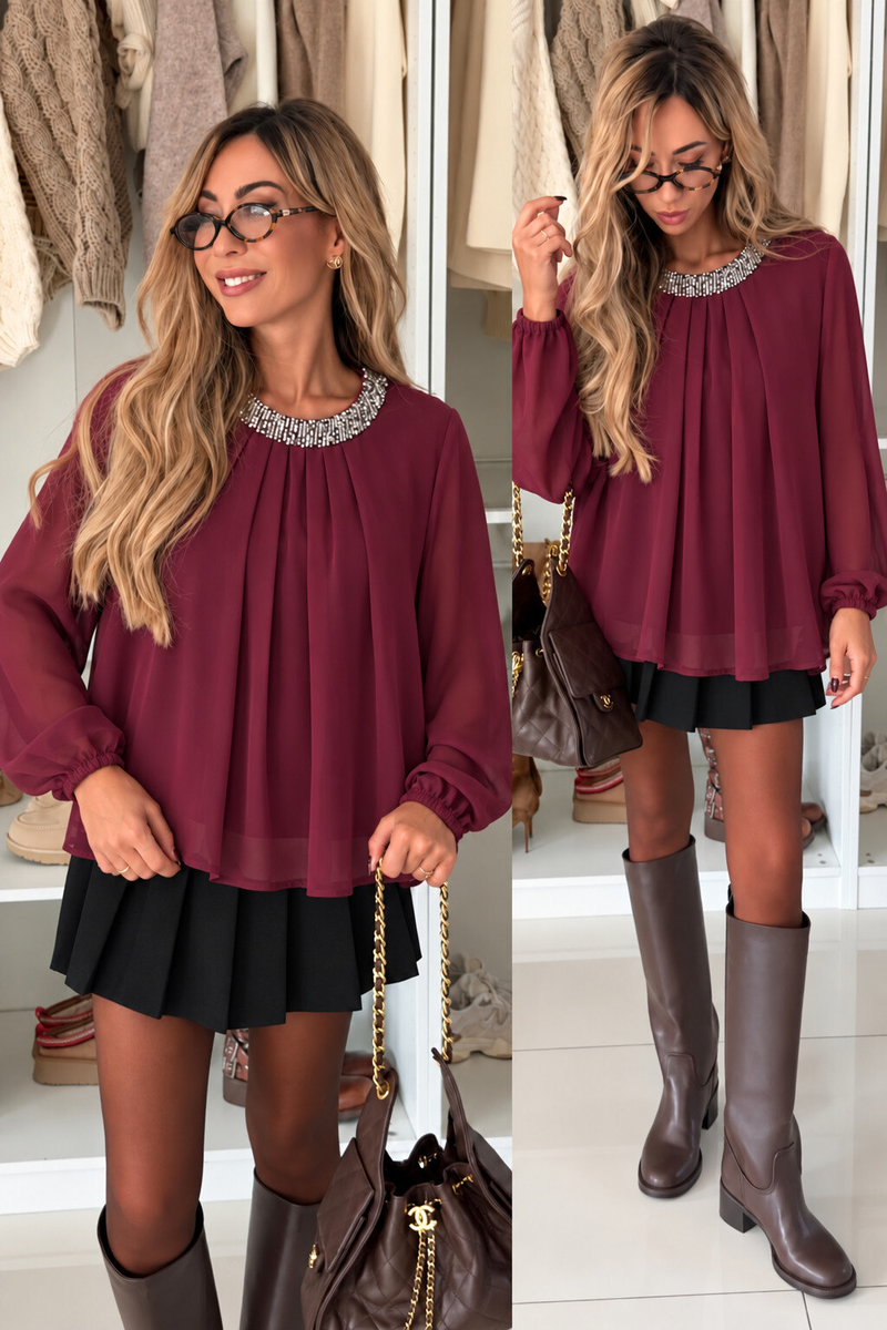 Blouse à col sequins manches longues doublure viscose