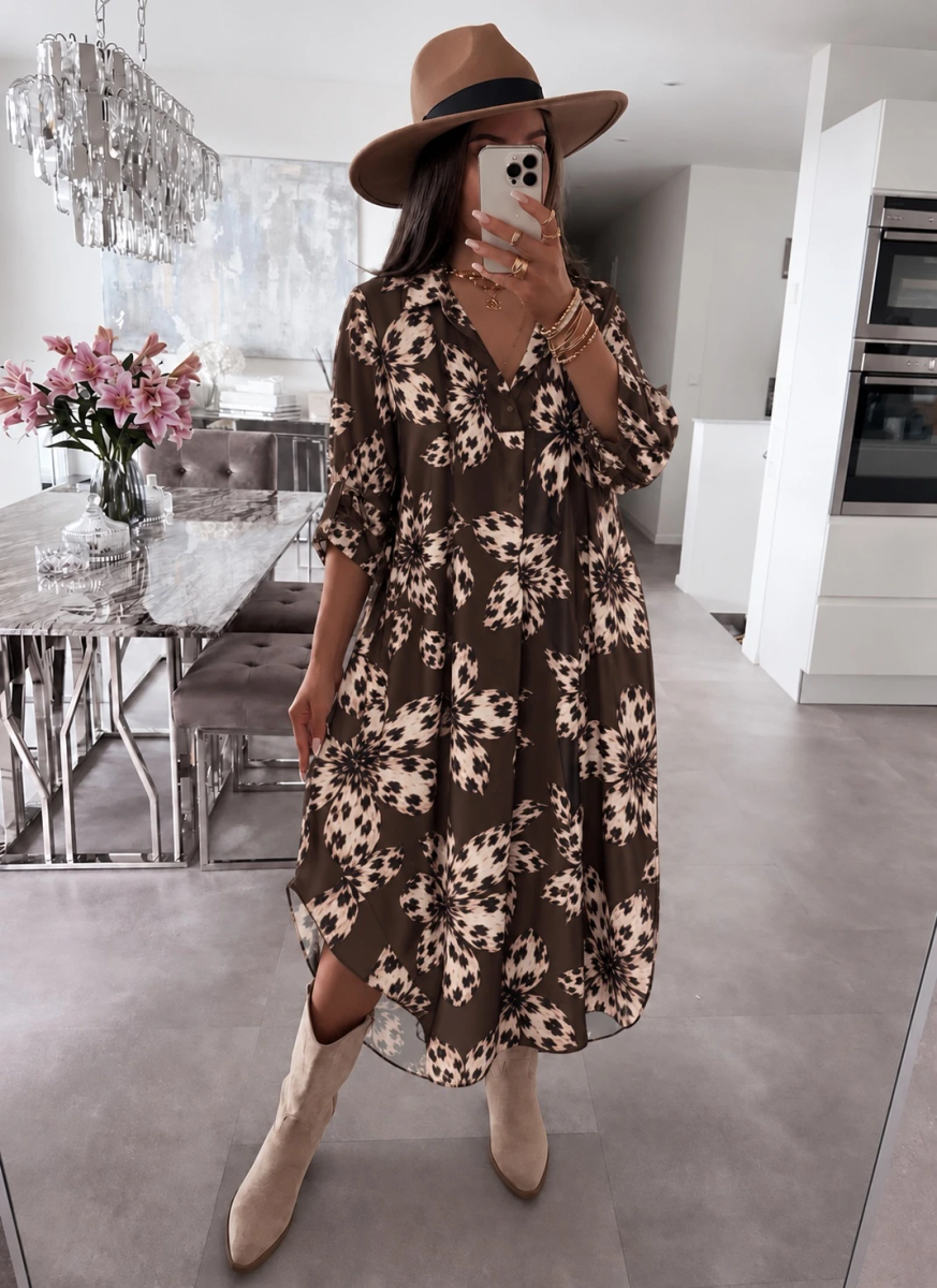 Robe col chemise satiné imprimé fleurs léopard