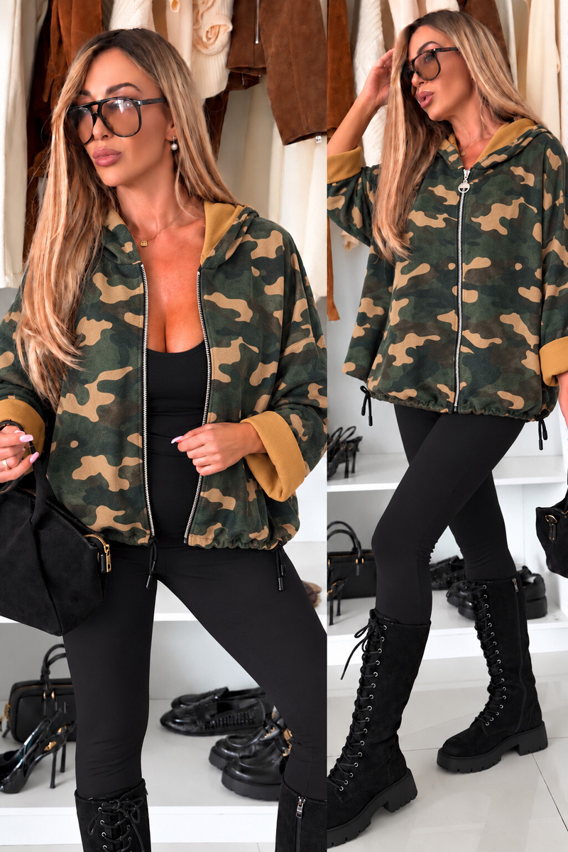 Gilet à capuche zippe imprimé camouflage en suédine