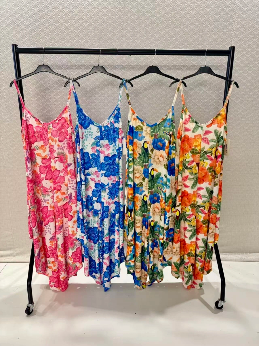 Jumpsuit with flowing straps printed swimsuit effect material 2