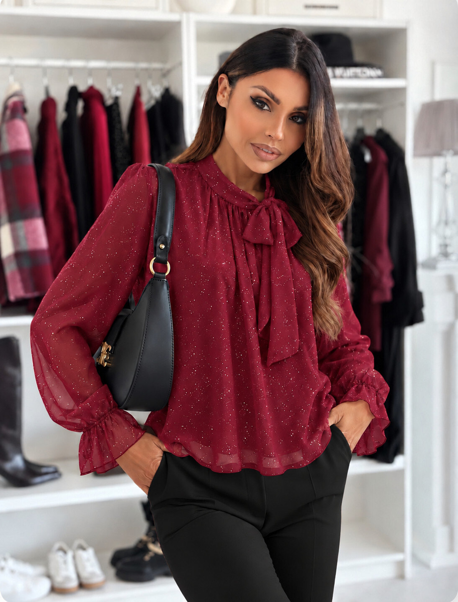 Blusa in chiffon scintillante con collo annodato