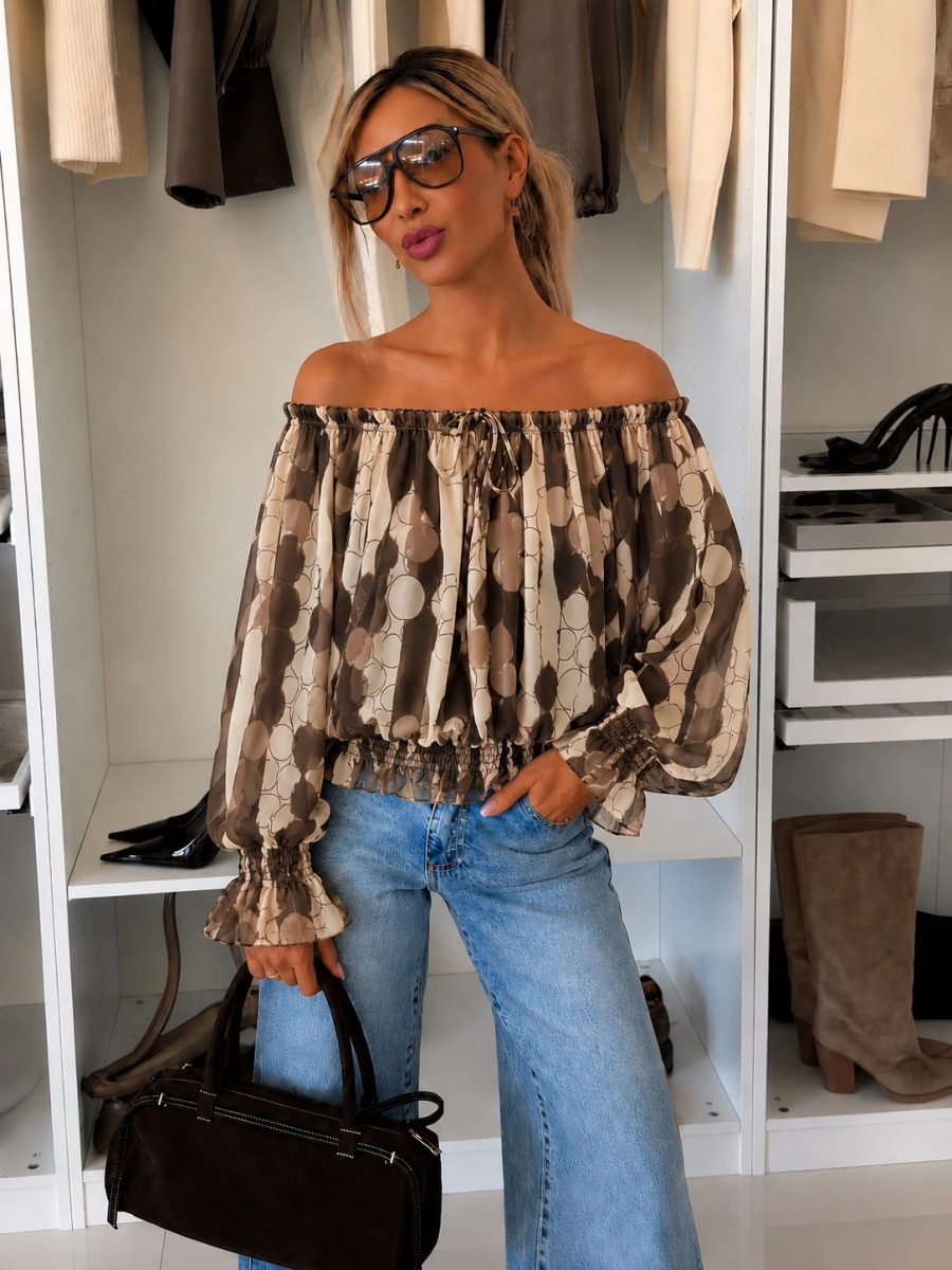 Blouse imprimé épaulées dénudées doublure viscose