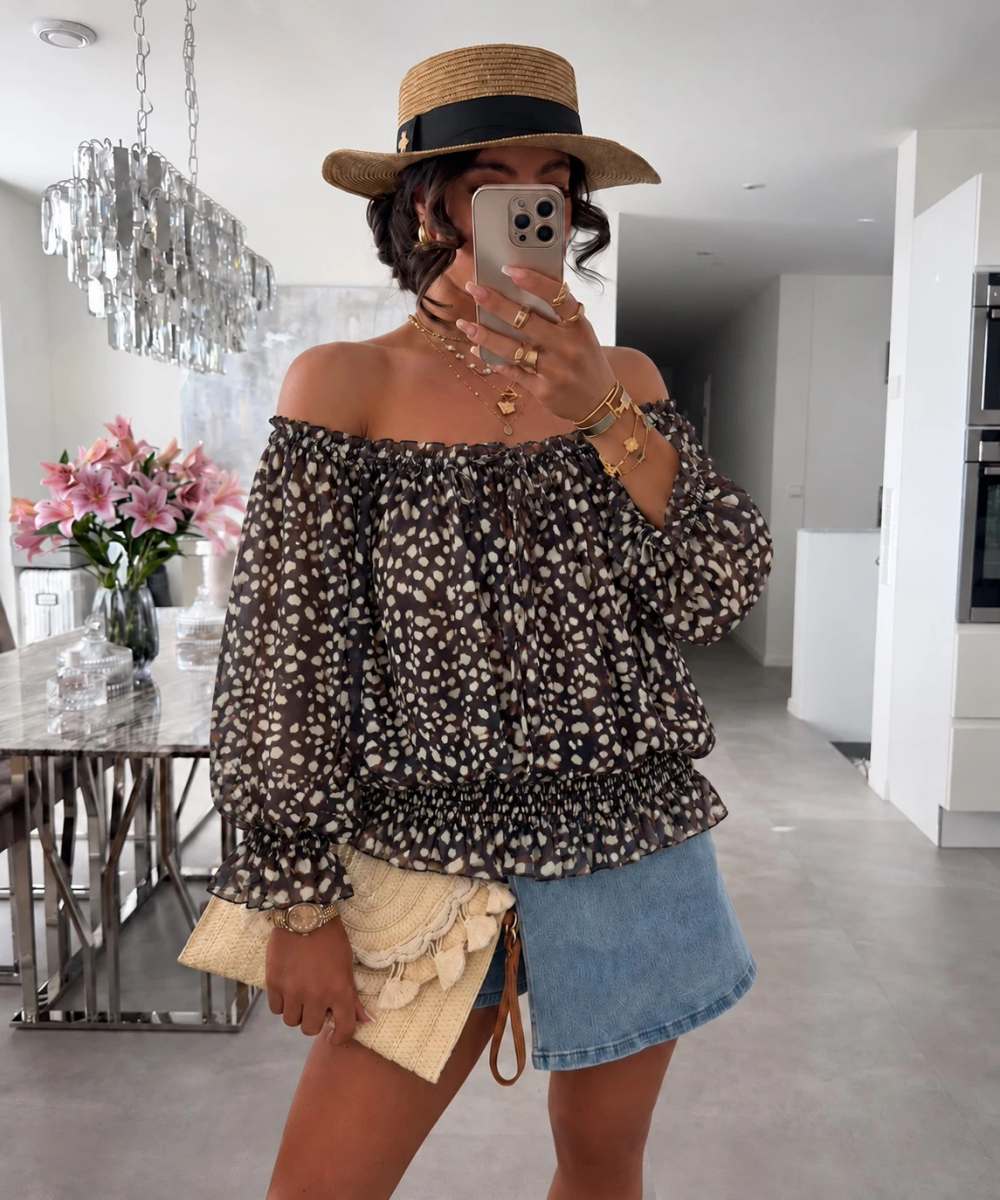 Blouse imprimé biche épaulées dénudées doublure viscose