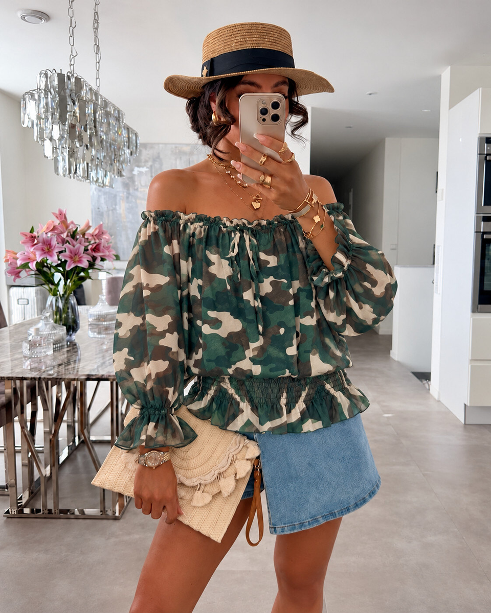 Blouse imprimé camouflage épaulées dénudées doublure viscose