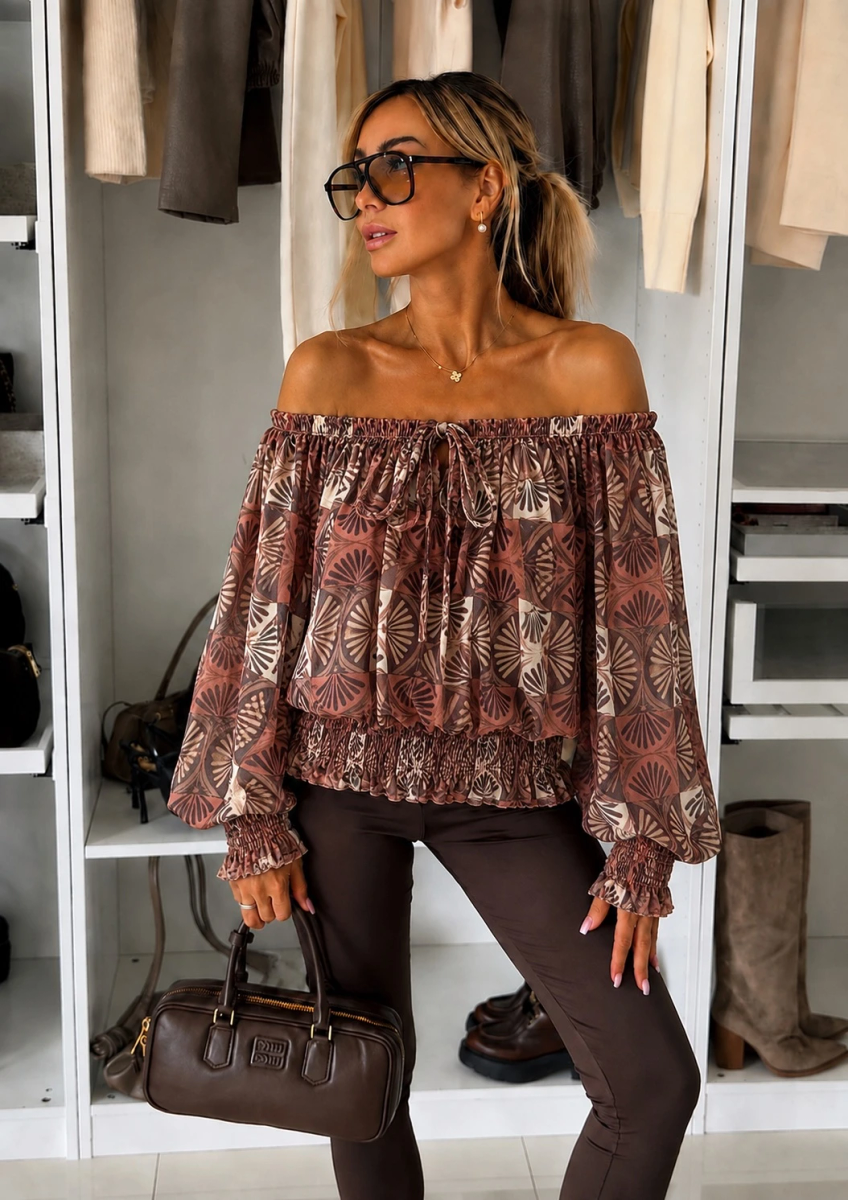 Blouse imprimé épaulées dénudées doublure viscose