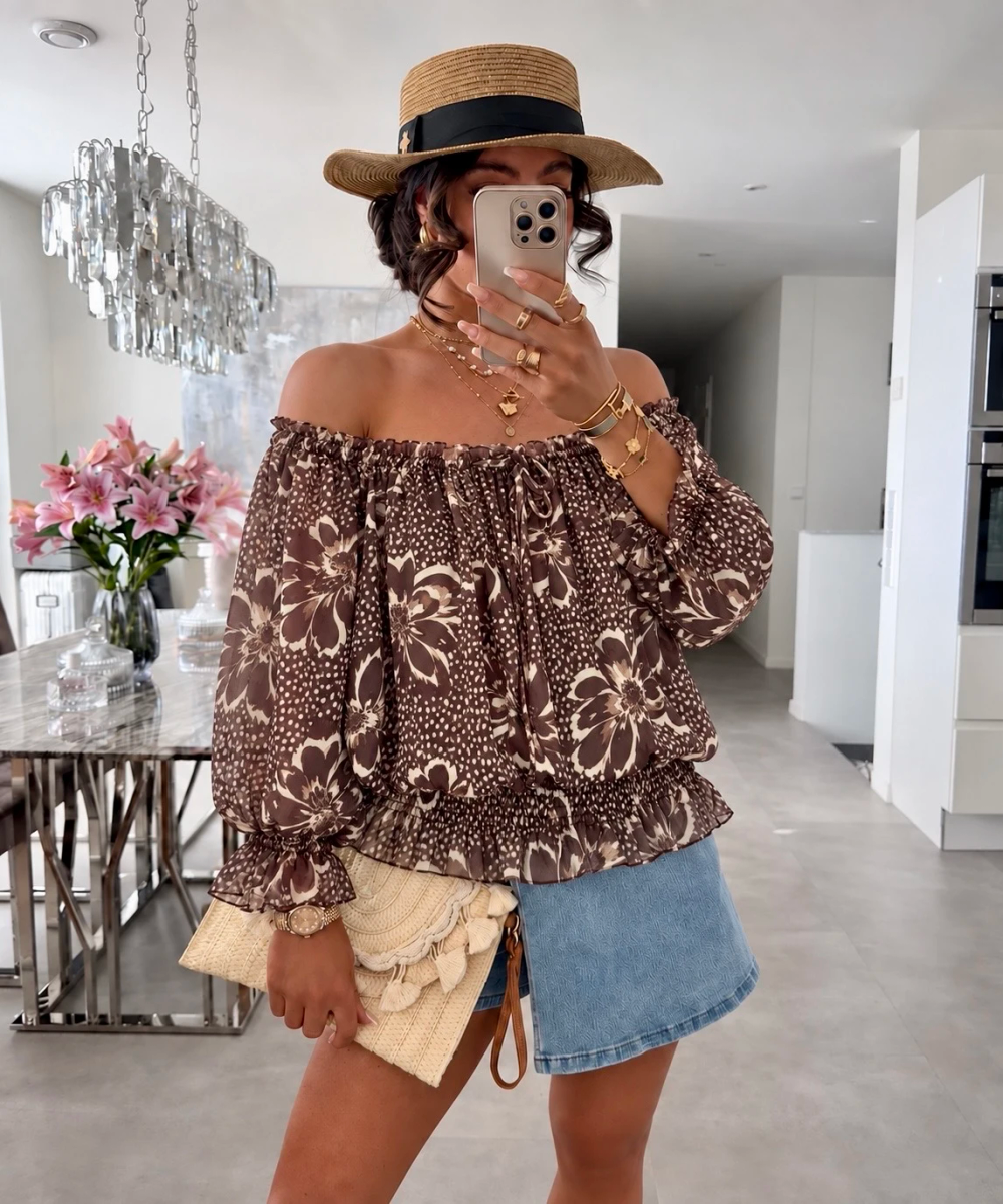 Blouse imprimé épaulées dénudées doublure viscose