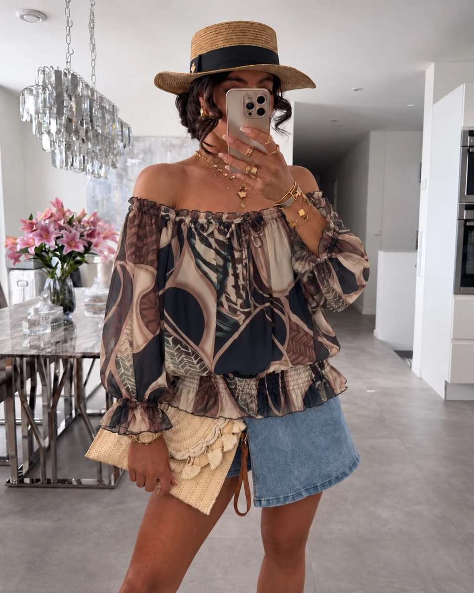 Blouse imprimé épaulées dénudées doublure viscose