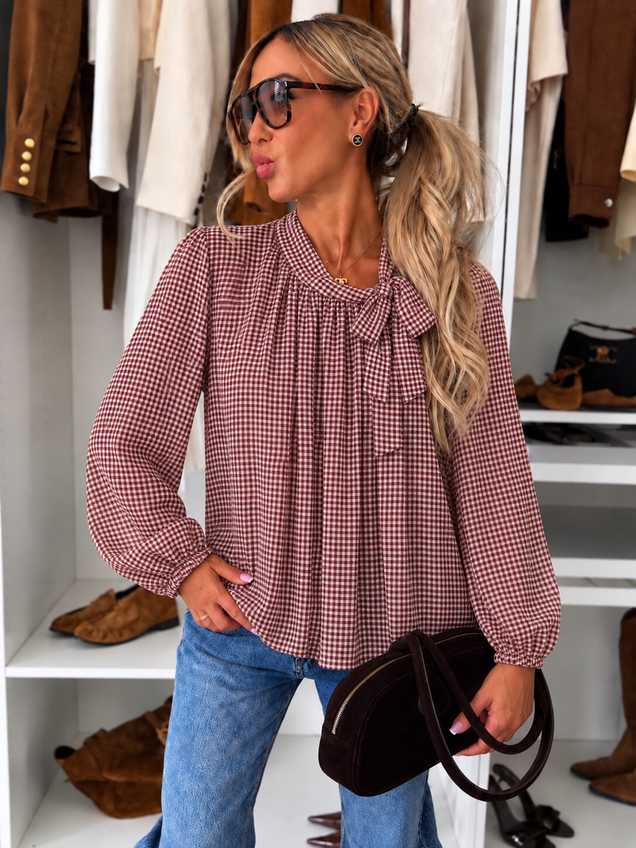 Blouse imprimée  carreaux  à col noué doublure viscose