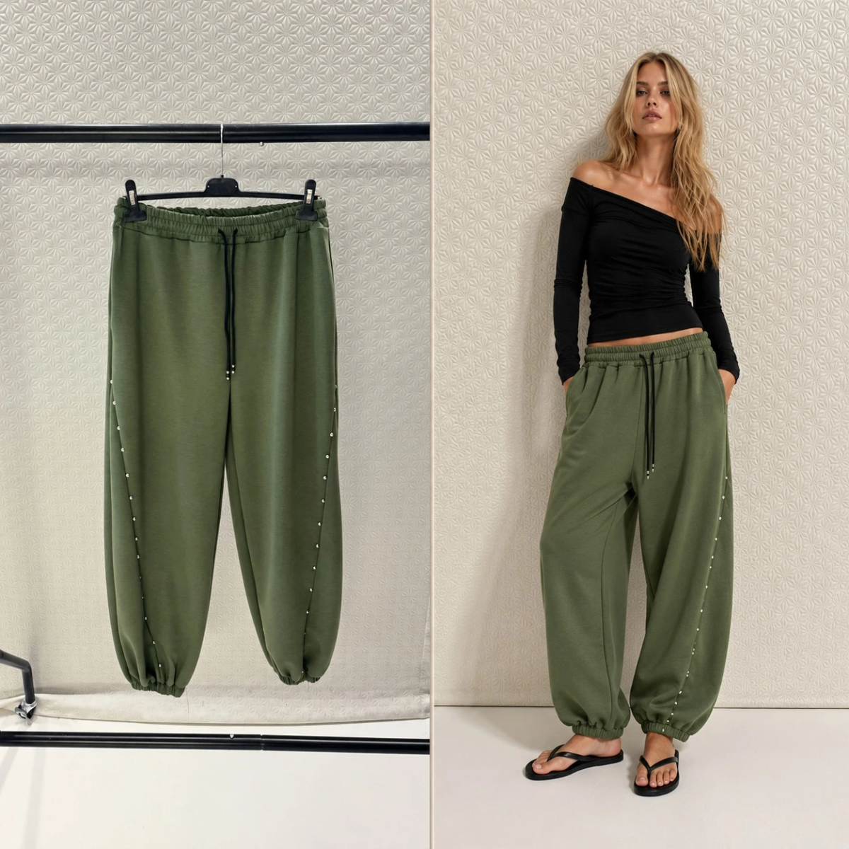 Jogging pants with studded detail, elastic waist with drawstring 2