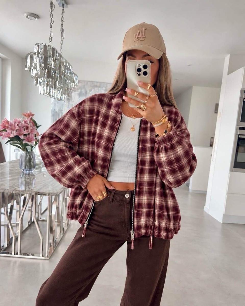 Veste à carreaux zippée avec cordon de serrage