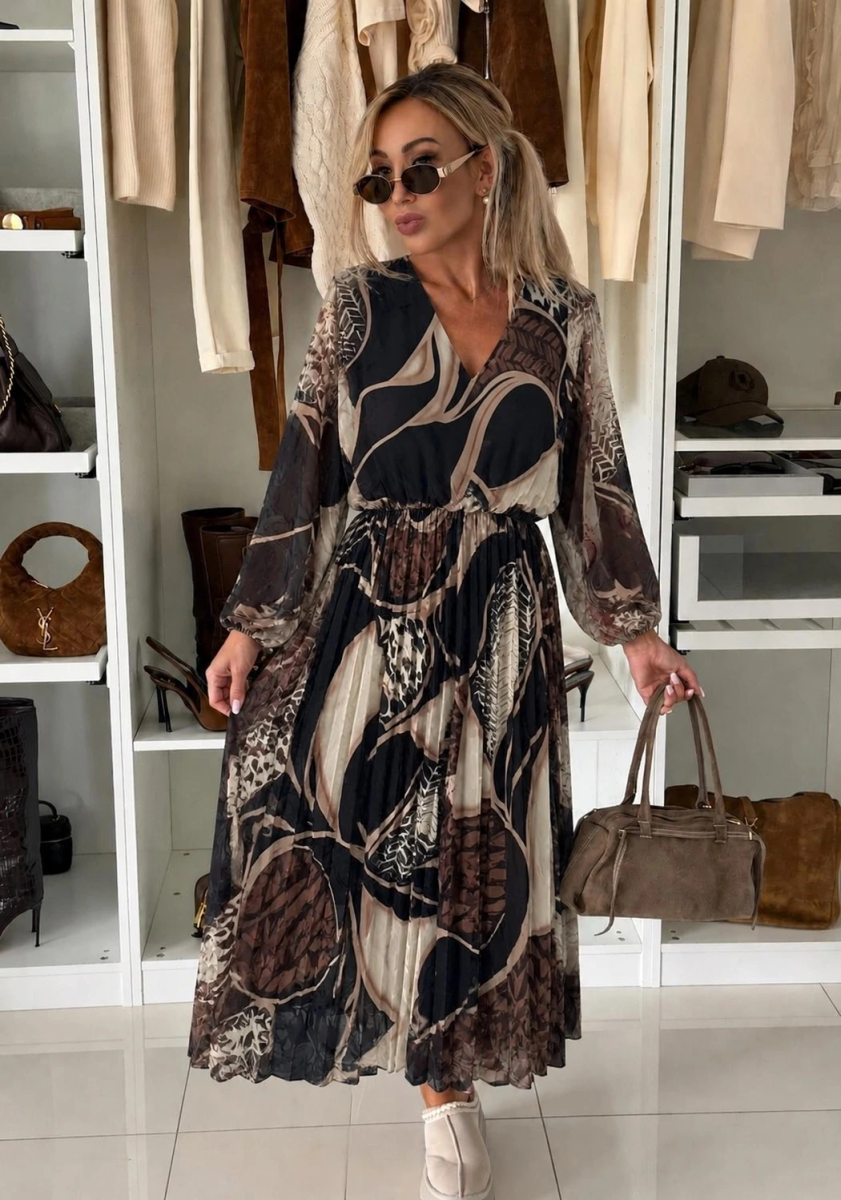 Robe longue plissée imprimée à col V et taille élastiquée