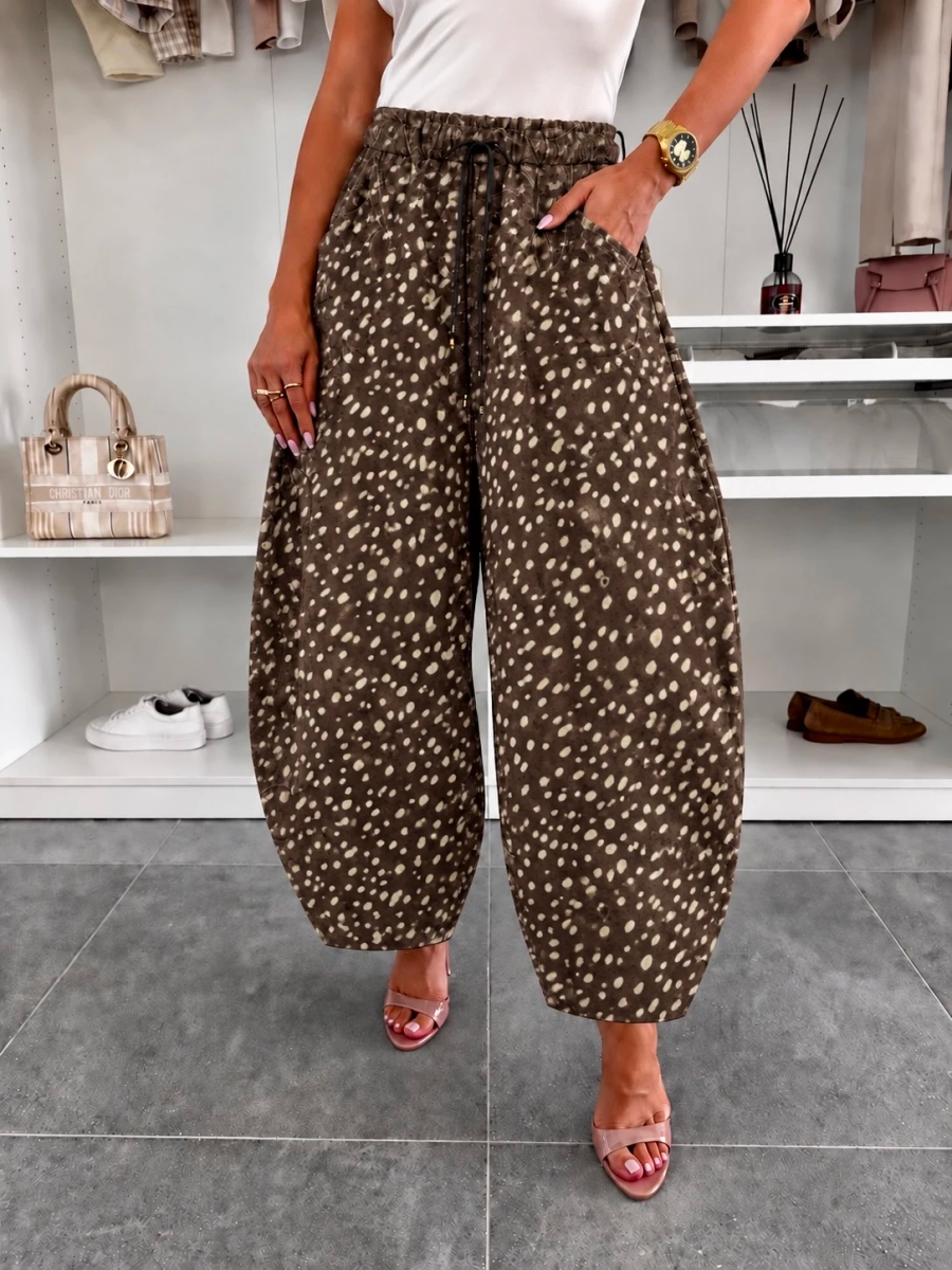 Pantalon ballon en suédine imprimé biche à taille élastiquée