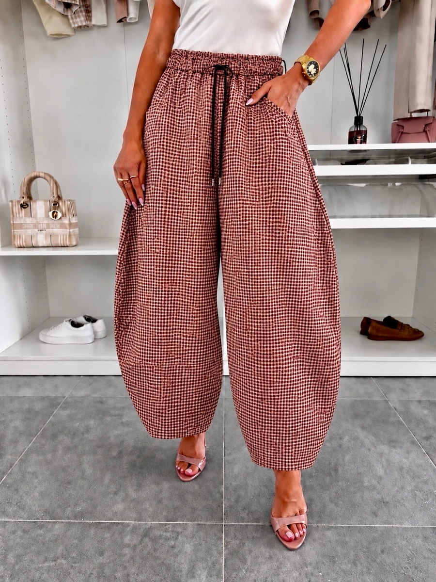 Pantalon ballon en suédine imprimé carreaux  taille élastiquée