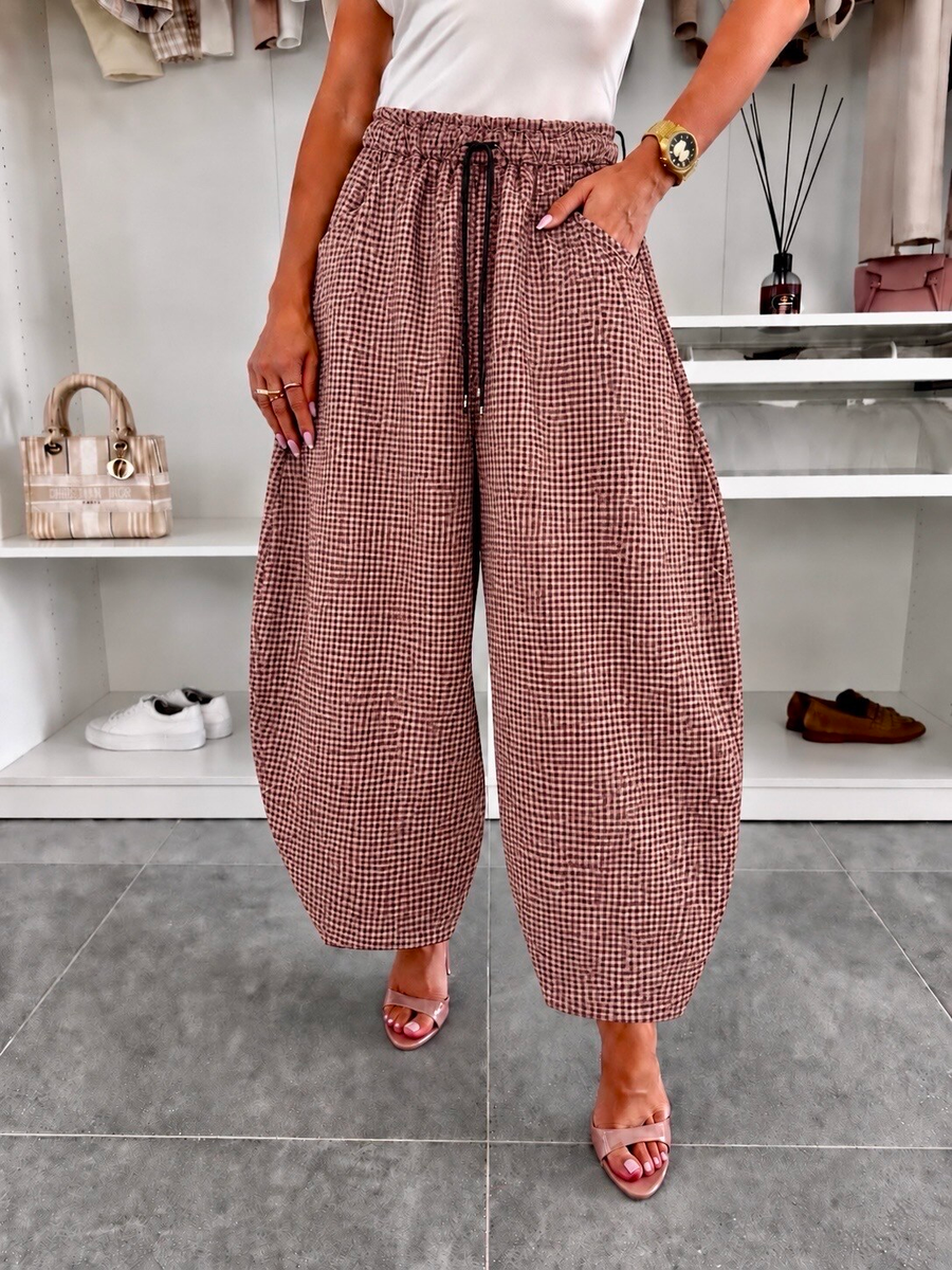 Pantalon ballon en suédine imprimé carreaux taille élastiquée