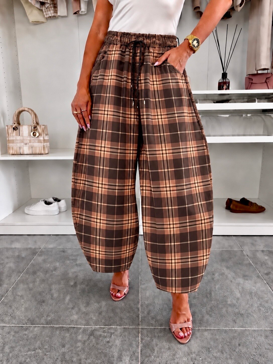 Pantalon ballon en suédine imprime carreaux  taille élastiquée