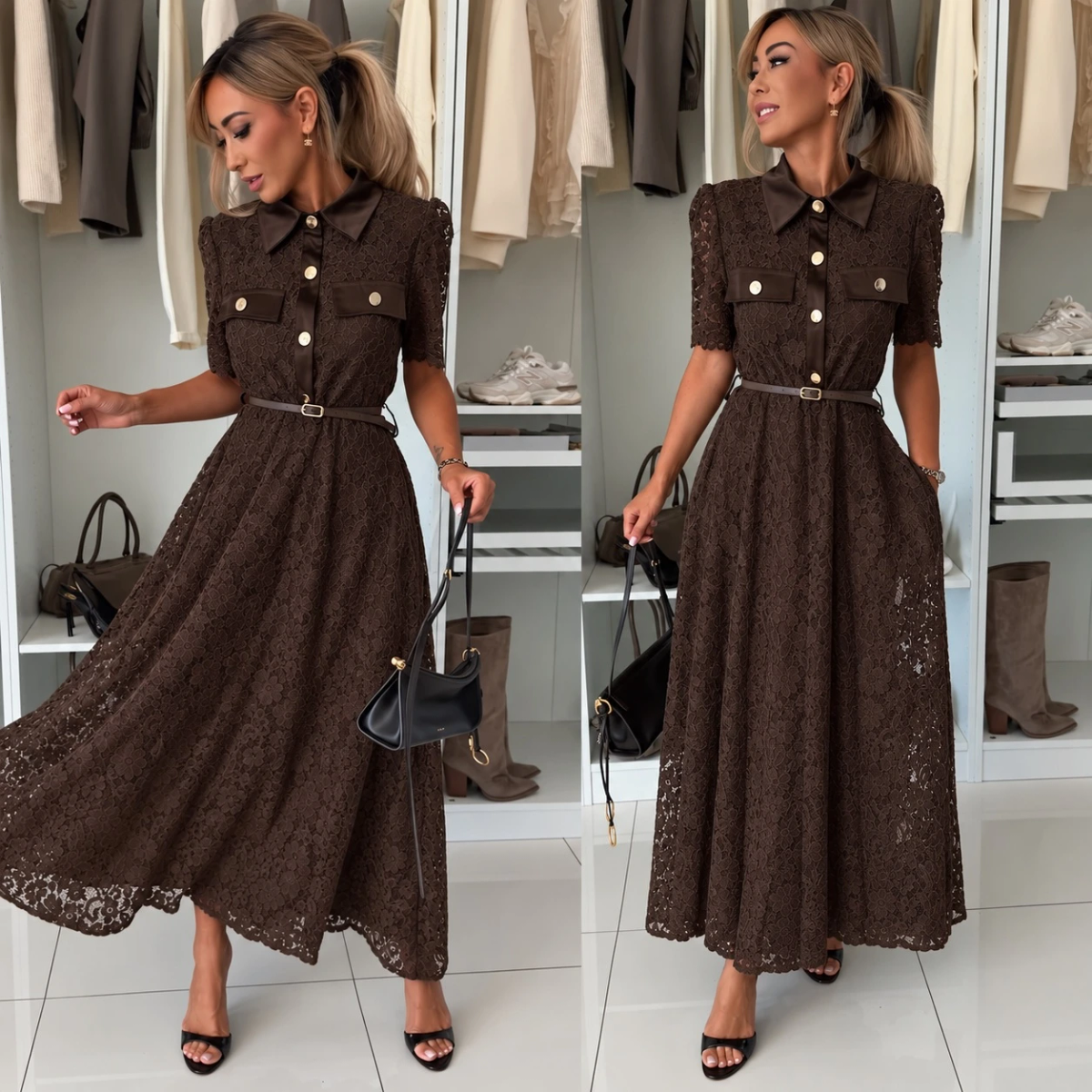 Robe  chemise en dentelle avec ceinture