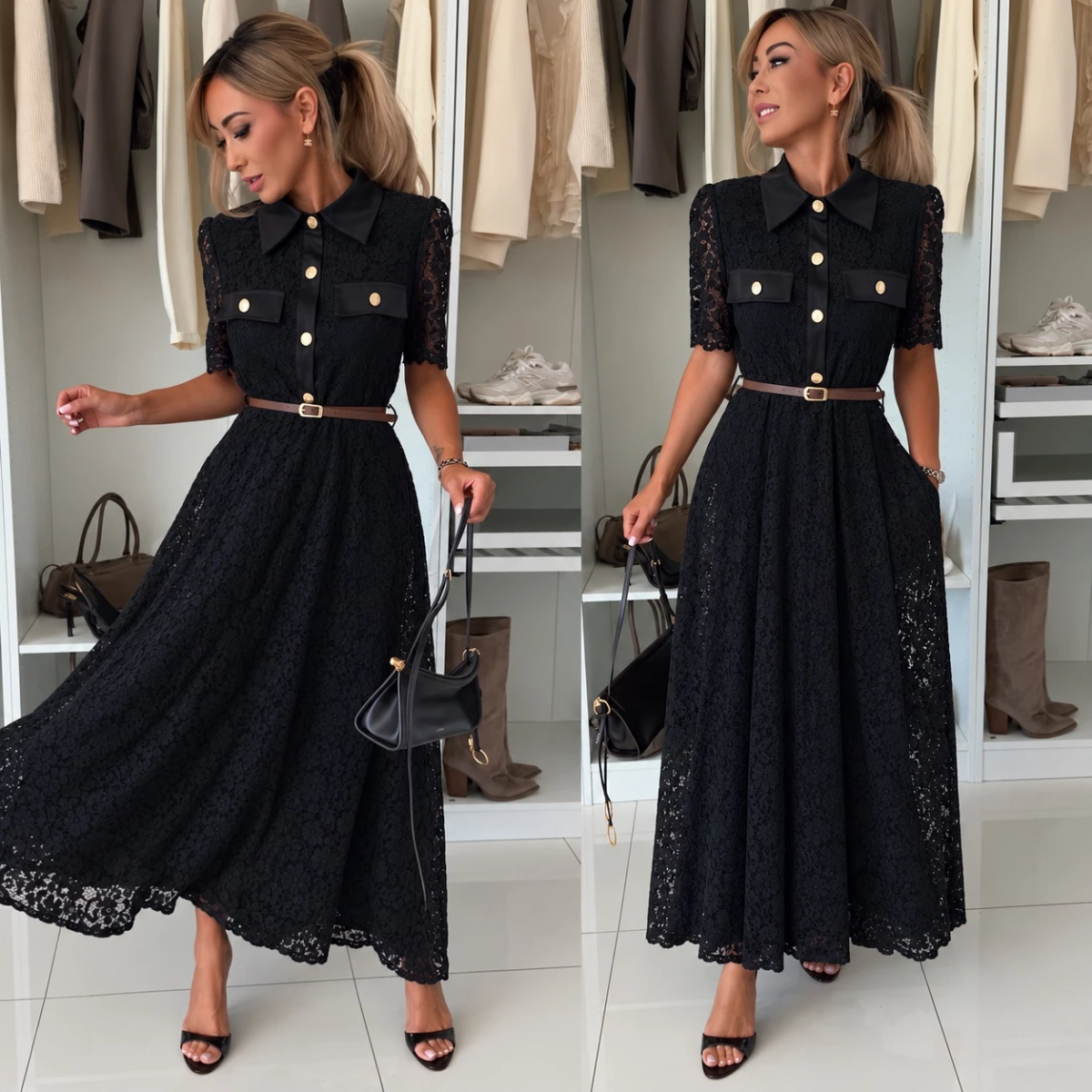 Robe chemise en dentelle avec ceinture