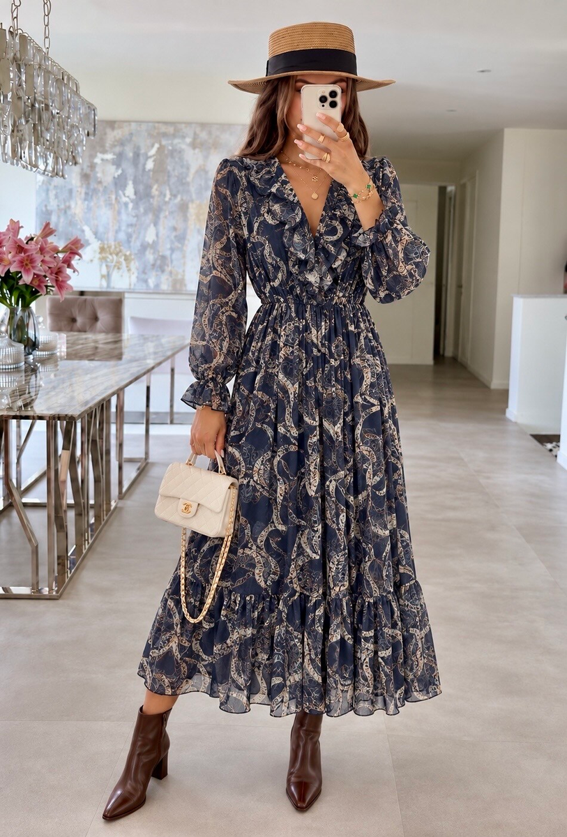 Robe longue en mousseline imprimée à volants