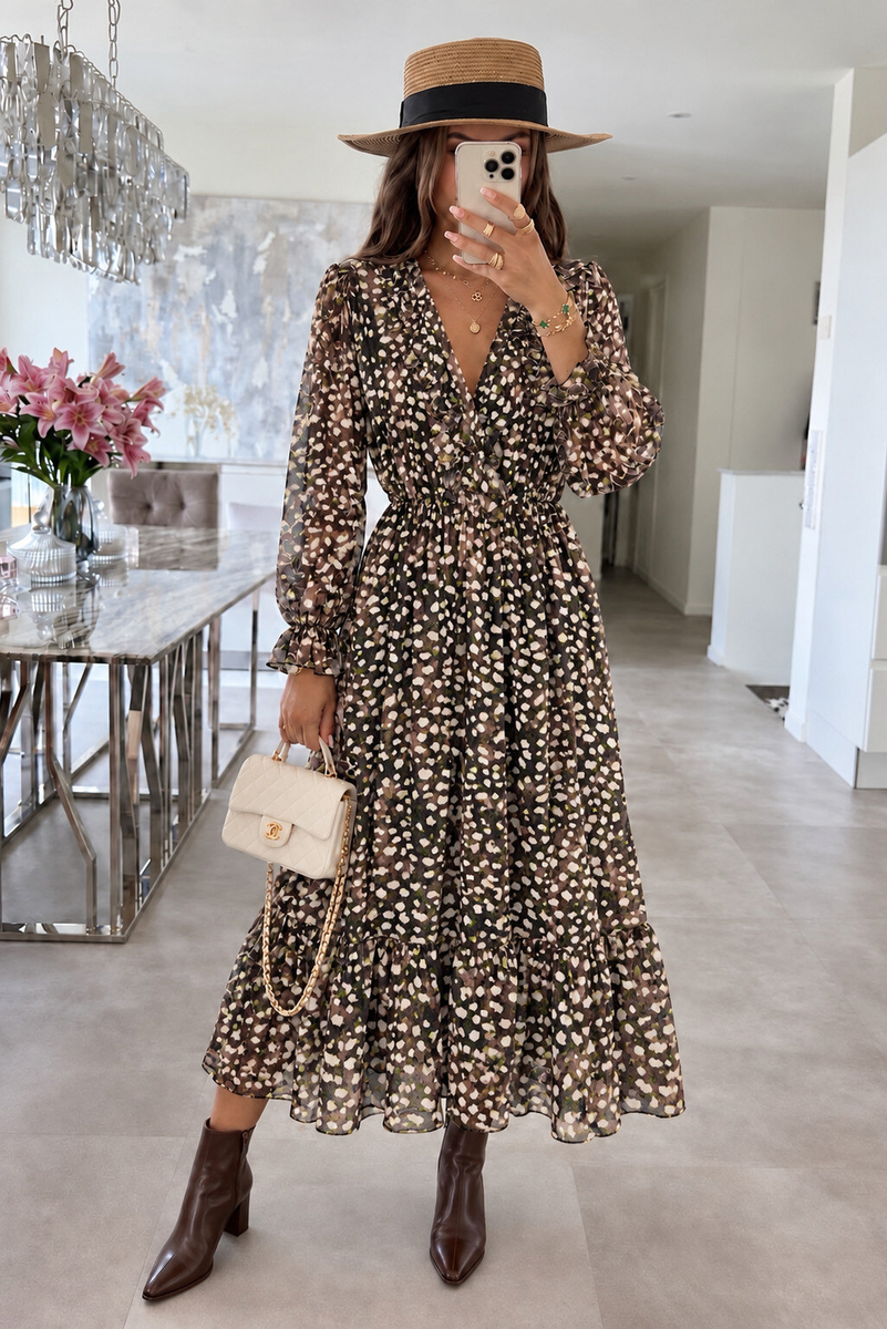 Robe longue en mousseline imprimée biche à volants
