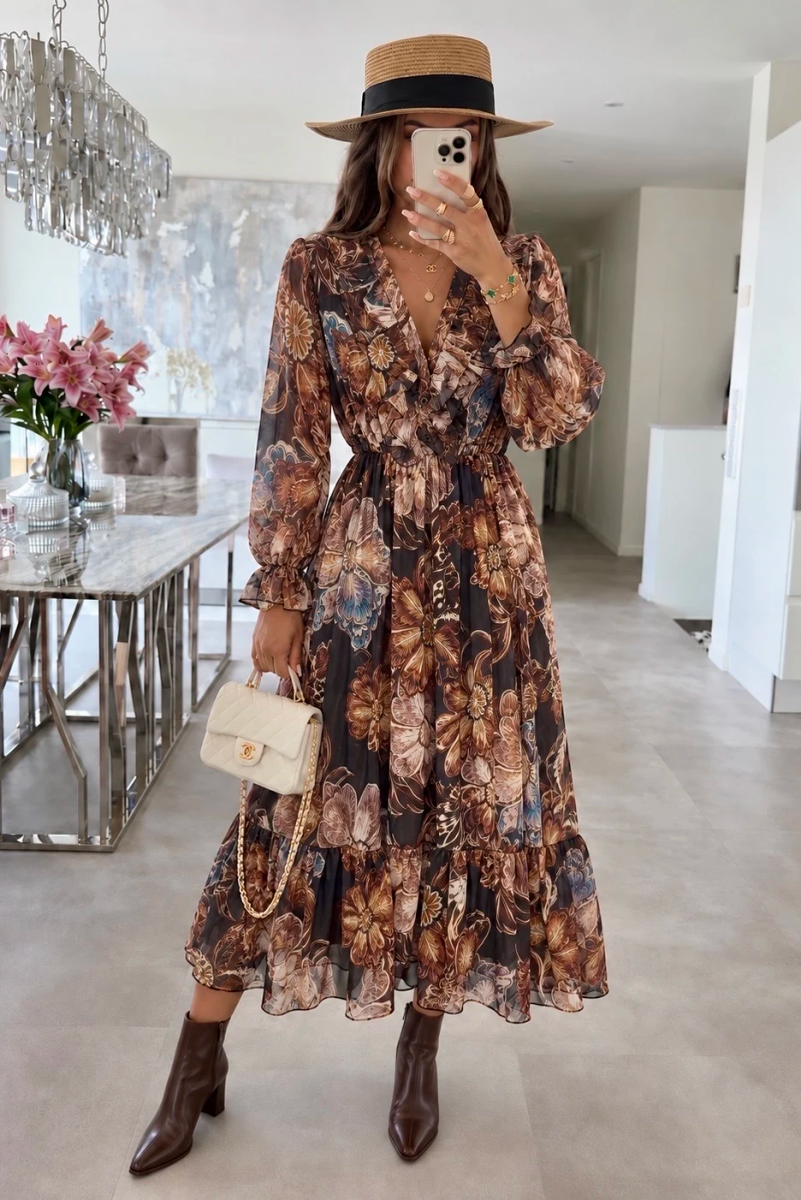 Robe longue en mousseline imprimée à volants