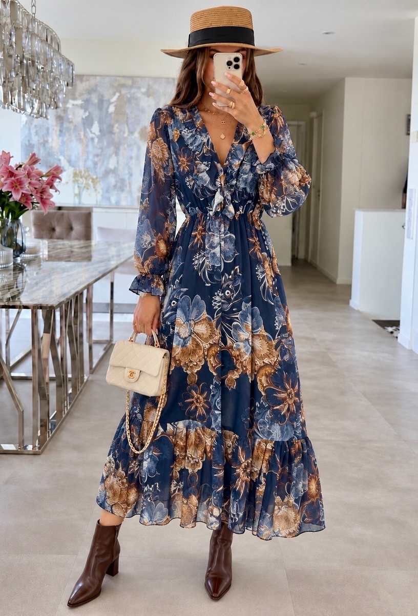 Robe longue en mousseline imprimée à volants
