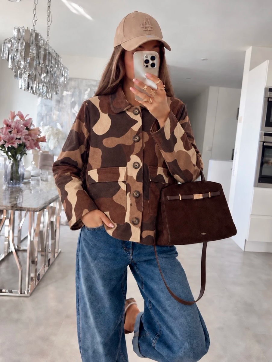 Veste chemise en suédine imprimé camo détail poches