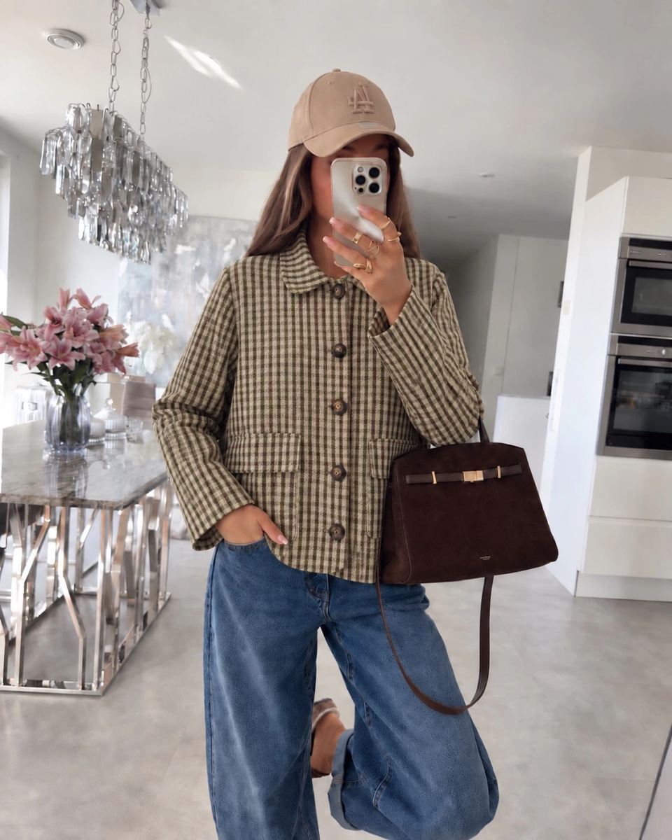 Veste chemise en suédine imprimé carreaux détail poches
