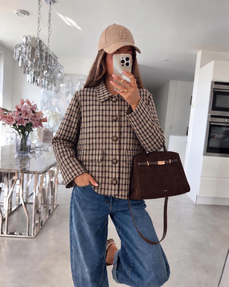 Veste chemise en suédine imprimé carreaux détail poches