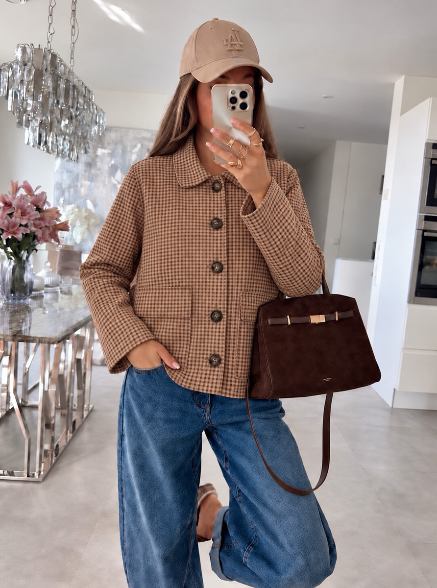 Veste chemise en suédine imprimé carreaux  détail poches